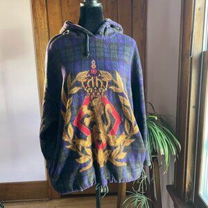 Vintage 90s Express French Country Plaid Hoodie Sweater Lion Crest Drawcord Goth